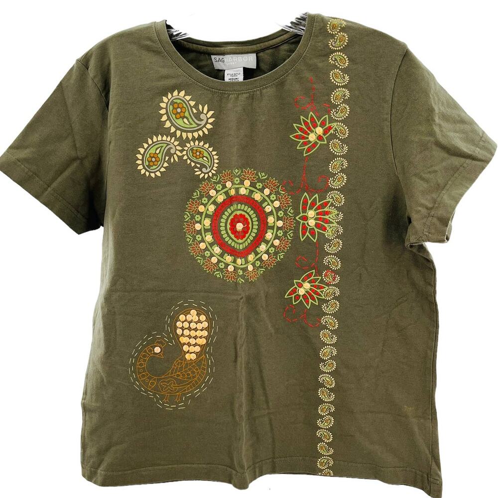 Sag Harbor Olive Embroidered Paisley Sunburst Short Sleeve Top Women Sz M NWT